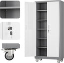 Aobabo 71" H x 32" W x 16" D Metal Storage Cabinet with Wheels, Garage Steel Storage Cabinet with 5 Adjustable Shelves and 4 Hooks for Home Office School, Assembly Required, Grey White by GreenHaven Gardens
