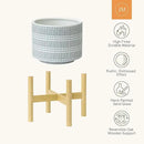 LA JOLIE MUSE Ceramic Plant Pot with Wood Stand - 9.4 Inch Modern Round Decorative Flower Pot Indoor with Wood Planter Holder, Slate Blue and White by GreenHaven Gardens