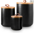 Black Ceramic Canister Set, 3pcs Ceramic Kitchen Canisters for Countertop with Airtight Wood Lids, Large Flour and Sugar Containers for Coffee, Tea, Spice by CozyNest Decor