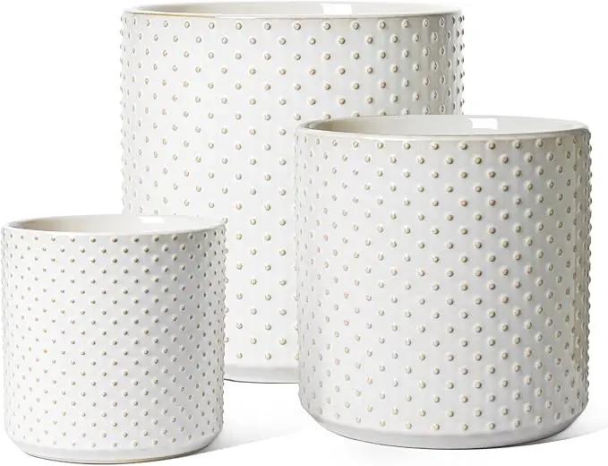 LE TAUCI 6+8+10 Inch Plant Pots Indoor, Ceramic Planter Pots for Plants, Raised Dots Flower Pots Indoor for Home and Office, Mid-Modern Century Pots with Drainage Hole and Plug, Glaze Arctic White