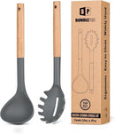 Silicone Pasta Fork and Ladle Spoon Set with Wooden Handle, Heat Resistant Non Stick Kitchen Utensils for Cooking, Stirring, Serving Spaghetti, Soup, Sauce(GRAY) by CozyNest Decor