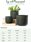 LE TAUCI Fluted Ceramic Planters Set of 3 – 8.3/7 / 5.7 in Dark Olive Reactive Cylinder Indoor Plant Pots with Drainage Plug & Mesh, Glossy Stoneware Flower Pots for Succulents Herbs by CozyNest Decor