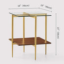 Glass End Table, Mid-Century Modern Design Sofa Table, for Living Room, 2-Tier Structure, Clear Glass Top and Walnut MDF Shelf, Sleek Conical Metal Legs with Gold Finish Frame by CozyNest Decor