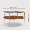 Round Coffee Table, Mid-Century Modern Design, D30“ x H17”, for Living Room, 2-Tier Structure, Clear Glass Top and Walnut MDF Shelf, Sleek Conical Metal Legs with Gold Finish by CozyNest Decor