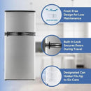 RecPro 4.4 Cu Ft RV Refrigerator | 12V Stainless Steel Fridge with Freezer | Frost-Free, Adjustable Shelves, Built-In Lock, Reversible Door | Off-Grid Ready Camper Fridge with Can Holder by CozyNest Decor