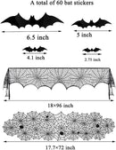Hommtina 4 Pack Halloween Decorations Tablecloth Runner Black Lace Round Spider Cobweb Table Cover Fireplace Mantel Scarf Spiderweb with 60 Pcs 3D PVC Scary Black Bat Sticker Halloween Party Supplies by CozyNest Decor