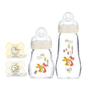 MAM Feel Good Glass Baby Bottle and Pacifier Bundle, Unisex, Slow Flow and Medium Flow, Premium 5oz and 9oz Glass, Easy Switch Between Breast to Bottle, MAM Perfect Night Pacifier 0+ Months, Glows in by TinyTreasures Baby Boutique