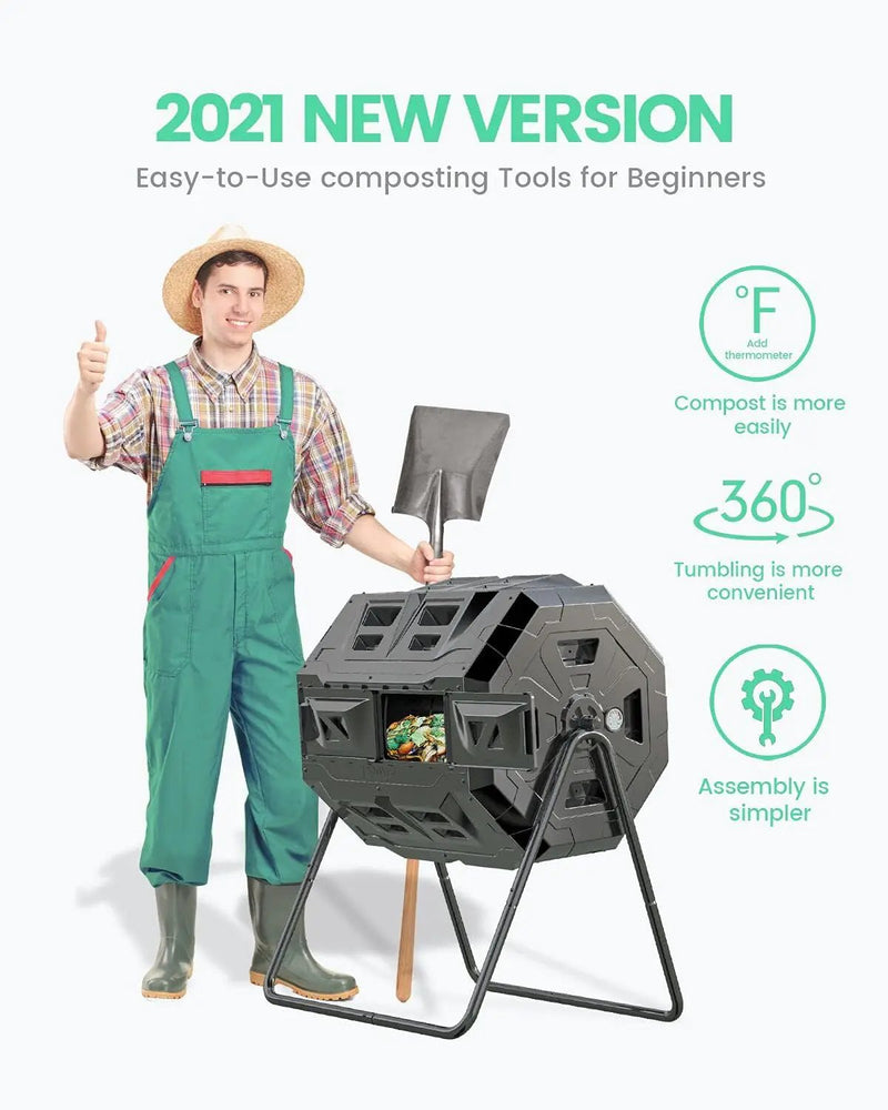 2021 Upgraded Tumbling Composter with Compost Thermometer - Dual Chamber Garden Compost Bin(43 Gal, Green), photo 2 of 6
