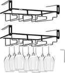 AUHOKY 2Pcs Adjustable Wine Glass Rack Under Cabinet, Punch-Free 3 Rows Stemware Metal Holder, Hanging Glass Storage Hanger Organizer for Shelf Kitchen Bar Decor (3 Rows, Black)