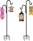 Double Shepherds Hooks for Outdoor, Bird Feeder Pole with 5 Prongs Base, Heavy Duty Garden Hook for Lantern, Wind Chime and Hummingbird Feeder, 76 Inch, 2 Pack by GreenHaven Gardens