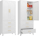Kitchen Pantry Cabinet, 75" Tall Pantry Cabinet with Three Drawers, Freestanding Food Cupboard with Doors and Shelves, Metal Storage Cabinets for Dining, Living Room, White, Assembly Required by CozyNest Decor