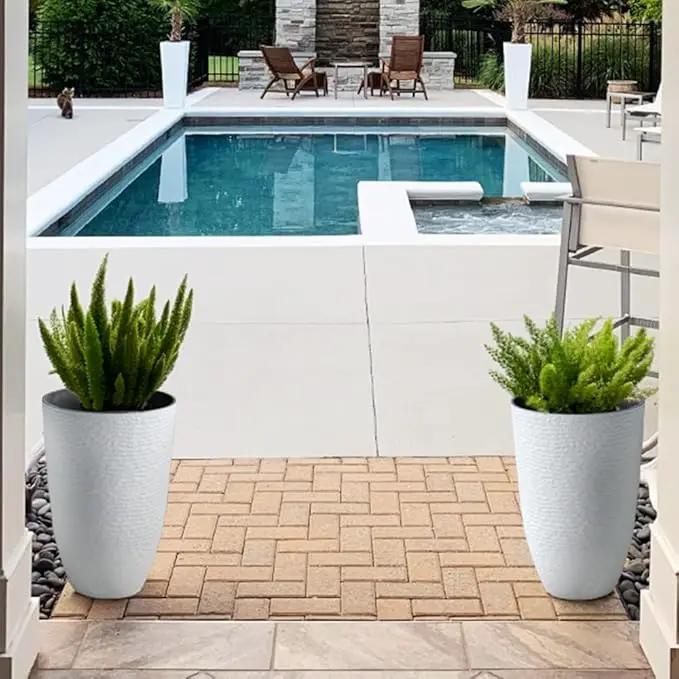 Worth Garden 2-Pack 21" H. White Tall Planters - 14'' Dia Resin Large Round Flower Pots for Outdoor Plants Trees - Imitation Stone Finish Plastic Indoor Front Porch 9 Gallon Decorative Container Patio, photo 6 of 6