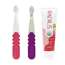 RADIUS Toddler Toothbrush & Toothpaste Bundle for Kids, 2 Pack Totz Plus Silky Soft Brush in White/Coral & Cool Grey/Amethyst Purple and 1 Count Dragon Fruit Toothpaste, for Children 18 Months & Up by TinyTreasures Baby Boutique