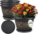 4 Pack 10 inch Plant Pots, Retro Pattern Planters with Drainage Holes and Saucer, Sturdy Plastic Garden Flower Pots for Indoor & Outdoor Plants by CozyNest Decor