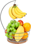 Livabber Countertop Fruit Basket Bowl with Banana Hanger, Modern Standing Fruit Vegetable Bowl Storage, with Banana Tree Holder for Kitchen Dinning Table (Round Wood, Chrome) by CozyNest Decor