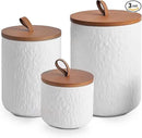 JOJUNO White Ceramic Canister Set with Wooden Lid, 3-Piece Airtight Food Storage Jars for Kitchen Counter - Flour, Sugar, Coffee, Tea, Spice - Small, Medium, Large Sizes - Stone Texture by CozyNest Decor