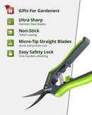 Pruning Shears for Gardening 2 Pack, 8.5" Bypass Garden Clippers and 6.5" Curved Gardening Shears, Pruners with Super Sharp Stainless Steel Blades, Safety Lock, Gardening Gifts for Men Women