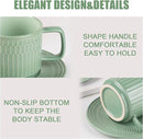 Large Cappuccino Cups with Saucers Set of 4, 8 Ounce Stackable Embossed Ceramic Coffee Mugs for Specialty Coffee Drinks, Latte, Cafe Mocha and Tea, Dishwasher & Microwave Safe (Green) by CozyNest Decor