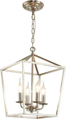 4-Light Brushed Nickel Farmhouse Chandelier, 12" Industrial Ceiling Light Lantern Pendant Light with Metal Cage Adjustable Height Rustic Hanging Light E12 Base for Kitchen Island Dining Room Entryway by CozyNest Decor