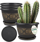 4 Pack 16 inch Plant Pots, Retro Pattern Planters with Drainage Holes and Saucer, Sturdy Plastic Garden Flower Pots for Indoor & Outdoor Plants by CozyNest Decor