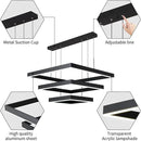Modern LED Square Chandelier, 3 Ring Dimmable for Living, Dining, Bedroom & Foyer - High Ceiling Hanging LED Pendant Light Fixture (Black) by CozyNest Decor