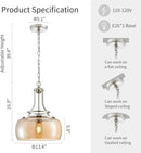 WUZUPS Nickel Chandelier Rustic Farmhouse Industrial Round Ceiling Pendant LED Light Fixture with Amber Glass Shade for Dining Room Kitchen Island Foyer Entryway, H 17" W 13.4", E26 Base by CozyNest Decor