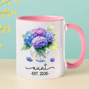 Personalized Year Name Aunt Coffee Mug Gift For Pregnancy Reveal Birthday, Customized Aunt EST 2026 Accent Cup, Hydrangea Auntie White Coffee Cup 11 15 Oz, Auntie to Be Mug Gift For Sister Besties by TinyTreasures Baby Boutique