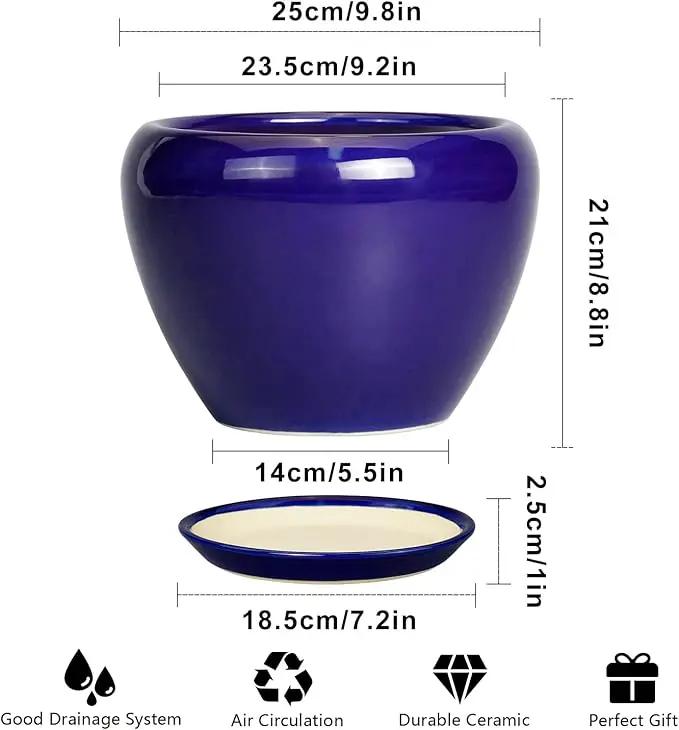 Ceramic Planter 10 Inch - Indoor Plant Pot for Plants with Drainage Hole and Saucer Large Planter Round Outdoor Flower Pot Mid-Century for House Patio Decor Blue, photo 3 of 7