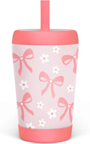 Kid Insulated Stainless Steel Tumbler with Silicone Straw, 12oz Sippy Cup for Kids (Pink Bows) by TinyTreasures Baby Boutique
