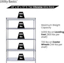 48"x18"x72" Chrome 5-Tier PREMIUM Wire Shelving NSF 4000 LBS MAX CAPACITY Heavy Duty Steel Storage Rack for Warehouses, Garages, Hospitals, Commercial Spaces, & Schools w/PREMIUM WHEELS by CozyNest Decor
