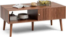 Coffee Table with Storage, Mid Century Dining Table with Sliding Fluted Door and Solid Wood Legs, Small Coffee Tables for Living Room, Walnut by CozyNest Decor