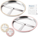 Stainless Steel Baby Plate with Suction, 9” Divided Toddler Plates with Removable Silicone Sleeves for Kids, Non-Toxic Non-Slip Unbreakable Dishwasher Safe Dinnerware Set of 2, Pink & Beige by TinyTreasures Baby Boutique