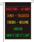 Funny Welcome Sarcastic Garden Flag Outdoor Decorations Go Away Family Tolerated Friends Small Double Sided Burlap art Stained Glass Style Garden Flags 12 x 18 Inch for Outside by GreenHaven Gardens