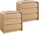 25" Tall Modern Nightstand Set of 2, 23.6" Wide Wood Bedside Table with Charging Station, 3 Storage Drawers Side Table w/Curved Profile Design,End Table for Bedroom, Natural Oak by CozyNest Decor