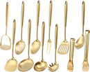 Gold Kitchen Utensils Set, 12 PCS Brass Matte Serving Utensils, 18/10 Stainless Steel All Metal Cooking Tools - Potato Masher, Tongs, Meat Fork, Spatula, Turner, Ladle, Skimmer, Spaghetti Spoon Set by CozyNest Decor