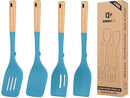 Pack of 4 Silicone Kitchen Utensils Set, Non Stick Solid Spatulas and Heat Resistant Slotted Spoons with Wooden Handle, Ideal BPA Free Cooking Utensils for Mixing,Serving,Turning,Stirring(BLUE) by CozyNest Decor