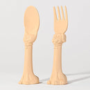 Made in USA Spoon la la Toddler Utensils Set (2 Pack) & Board Book - Spoon & Fork for Kids, Self-Standing 3D Ergonomic Cat & Dog Handles, BPA-free, Dishwasher Safe Baby Silverware (Yellow) by TinyTreasures Baby Boutique