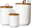 JOJUNO White Ceramic Canister Set with Wooden Lid, 3-Piece Airtight Food Storage Jars for Kitchen Counter - Flour, Sugar, Coffee, Tea, Spice - Small, Medium, Large Sizes by CozyNest Decor
