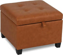 Adeco 17.5" Faux Leather Storage Ottoman with Hinged Lid, 14 Inch High Square Cube Foot Stool with Storage, Upholstered Vanity Stool with Solid Wood Legs for Living Room, Bedroom, Dorm (Warm Orange) by CozyNest Decor