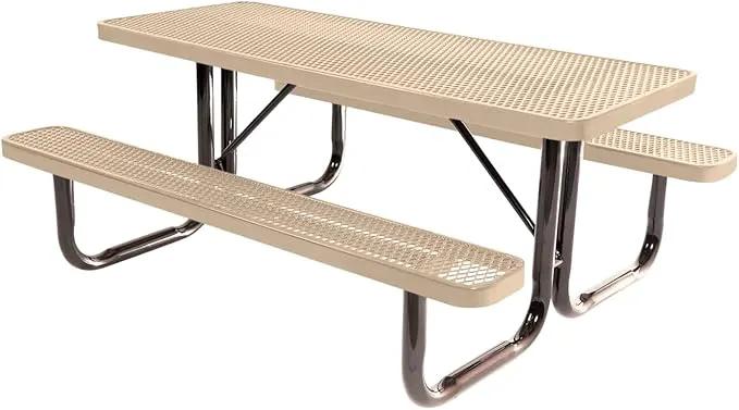 Coated Outdoor Furniture Heavy-Duty Portable Outdoor Picnic Table, Thermoplastic Coated Expanded Metal Commercial-Grade Patio Dining Furniture Made in America (6ft Rectangular, Tan)