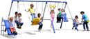 Sportspower Super 9 Metal Swing Set: Teeter Totter, 2 Kid Glide Ride Swing/Roman Glider Swing, Standing Swing + Trapeze Bar, Blow Molded Swing + 5' Wavy Slide Bonus 4pc Anchor Kit*, Blue/Yellow by TinyTreasures Baby Boutique