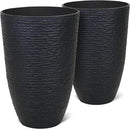 WORTH Garden 21" H Tall Planters 2 Pack - 14'' Dia Resin Large Round Black Flower Pots for Outdoor Plants Trees - Imitation Stone Finish Plastic Indoor Front Porch 9 Gallon Decorative Container Patio by CozyNest Decor