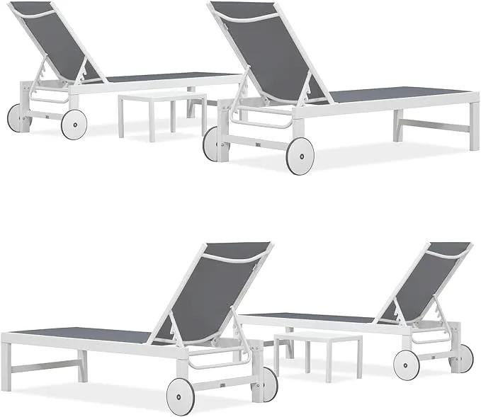 PURPLE LEAF Outdoor Chaise Lounge Staight Legs Adjustable Sunbathing Recliner with Side Table Navy Blue 2 Sets