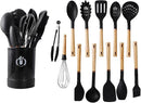 13-Piece silicone utensil set wood handle nonstick cookware safe dishwasher safe kitchen tools BPA free heat resistant (450°F/230°C) ceramic pan safe cooking gifts housewarming (Black) by CozyNest Decor