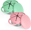 2 Pack Snack Cups for Toddlers Spill Proof - Detachable Stainless Steel Toddler Snack Cups with Silicone Lids & Handles - Dishwasher Safe Baby Snack Containers for Mess-Free Snacking (Green and Pink) by TinyTreasures Baby Boutique