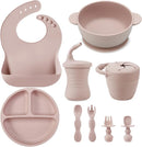 PandaEar Silicone Baby Feeding Set | 9PCS Baby Led Weaning Supplies Self Feeding Utensils | Divided Suction Plate Bowl Bibs Sippy Cup with Baby Snack Container Spoons Forks (Pink) by TinyTreasures Baby Boutique