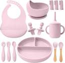 Silicone Baby Feeding Set 14 Pcs,Baby Led Weaning Supplies, Baby Spoons Suction Bowl Divided Plate Bib Cup Finger Brush,First Stage Solid Food Eating Utensils - 6+ Months(Light Pink) by TinyTreasures Baby Boutique