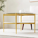 Round Coffee Table for Living Room, Mid-Century Modern Design, D30 x H17, 2-Tier Structure, Clear Glass Top and White Marble Finish Wood Shelf, Sleek Conical Metal Legs with Gold Finish Frame by CozyNest Decor