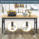 70'' Adjustable Workbench, Rubber Wood Top Work Bench Heavy-Duty Work Table with Socket, Wheels and Fixed Legs 2000 LBS Load Capacity Hardwood Sewing Table for Garage, Workshop, Home, Office by GreenHaven Gardens