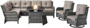 Outdoor Sectional Sofa Furniture Set with Propane Fire Pit Table, Wicker Patio Conversation Set with 2 Swivel Glider Rocker Chairs Grey Cushion Perfect for Backyard Casual Gathering by GreenHaven Gardens